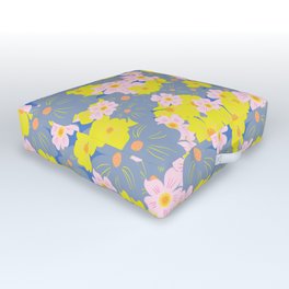 Pastel Spring Flowers on Blue Outdoor Floor Cushion