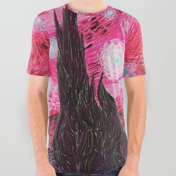 The Starry Night - La Nuit étoilée oil-on-canvas post-impressionist landscape masterpiece painting in alternate fuchsia pink and baby blue by Vincent van Gogh All Over Graphic Tee