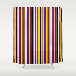 [ Thumbnail: Yellow, Purple, Lavender & Black Colored Striped/Lined Pattern Shower Curtain ]