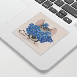 Sweet mousy with a bouquet of forget-me-nots Sticker