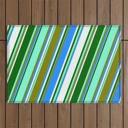 [ Thumbnail: Aquamarine, Green, Blue, Mint Cream, and Dark Green Colored Lined/Striped Pattern Outdoor Rug ]