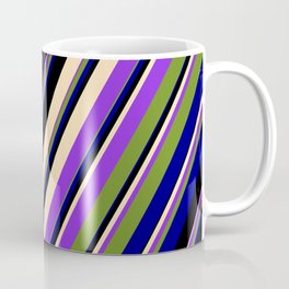 [ Thumbnail: Colorful Black, Beige, Purple, Green, and Blue Colored Pattern of Stripes Coffee Mug ]