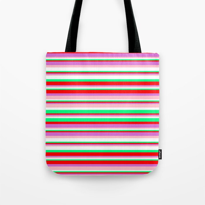 Colorful Green, Red, Orchid, Pink, and White Colored Pattern of Stripes Tote Bag