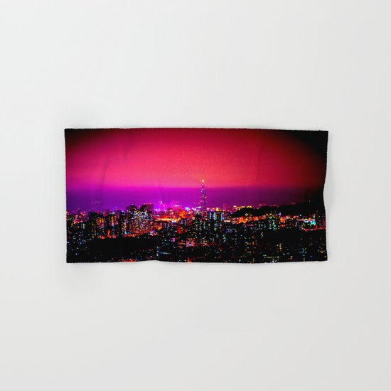 City Skyline Fuchsia Pink Sunset Hand & Bath Towel