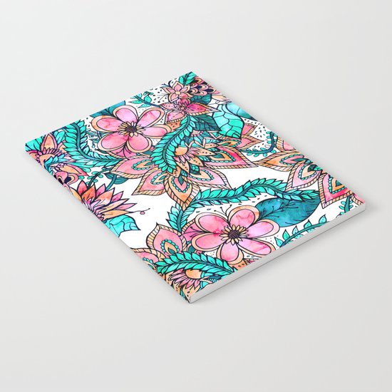 Boho turquoise pink floral watercolor illustration Notebook