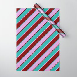 [ Thumbnail: Plum, Maroon & Light Sea Green Colored Pattern of Stripes Wrapping Paper ]