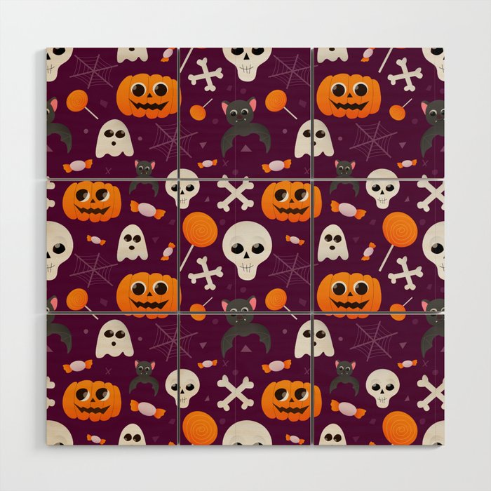 Halloween Cute Seamless Pattern with Pumpkins, Ghosts, Bats, Skulls and Sweets Wood Wall Art