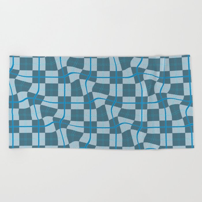 Warped Checkerboard Grid Illustration Blue Green Beach Towel