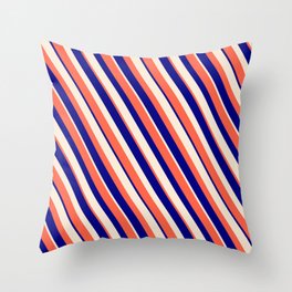 [ Thumbnail: Red, Blue & Beige Colored Striped Pattern Throw Pillow ]