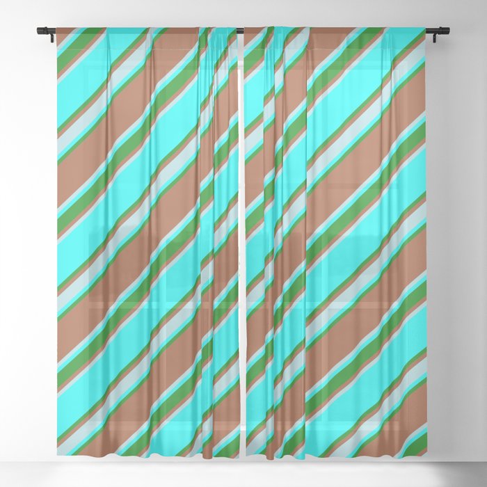 Sienna, Powder Blue, Aqua & Green Colored Stripes Pattern Sheer Curtain
