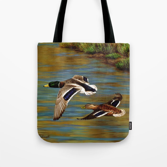Mallard Ducks in Flight Tote Bag