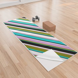 [ Thumbnail: Colorful Plum, Green, Dark Turquoise, Black, and White Colored Lined/Striped Pattern Yoga Towel ]