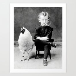 Smoking Boy with Chicken black and white photograph - photography - photographs Art Print