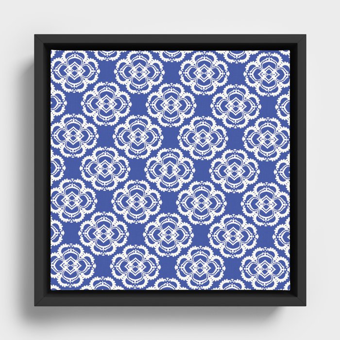 Platinum Jubilee Royal Crown Repeat Pattern White Blue Framed Canvas