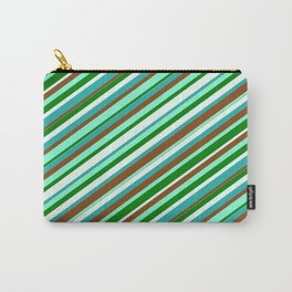[ Thumbnail: Colorful Light Sea Green, Brown, Aquamarine, Green & Mint Cream Colored Lined/Striped Pattern Carry-All Pouch ]