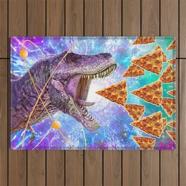 Trippy Space Dinosaur Eating Pizza - Rave Outdoor Rug