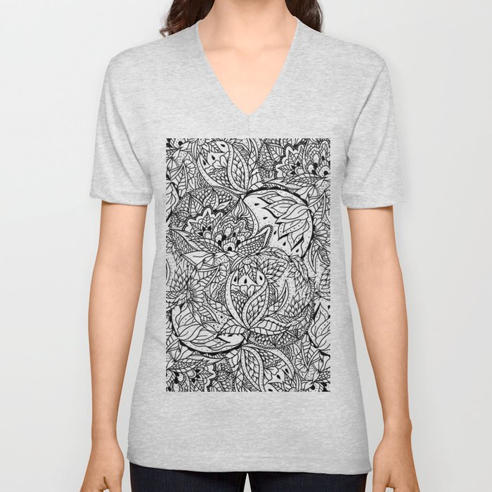 Modern black floral mandala illustration pattern V Neck T Shirt