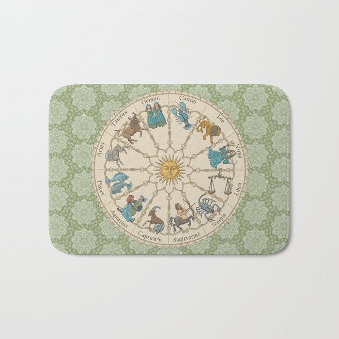 Vintage Astrology Zodiac Wheel Green Bath Mat