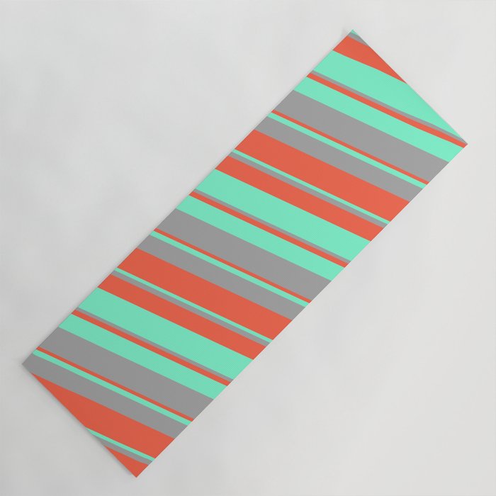 Red, Aquamarine, and Dark Grey Colored Lined/Striped Pattern Yoga Mat
