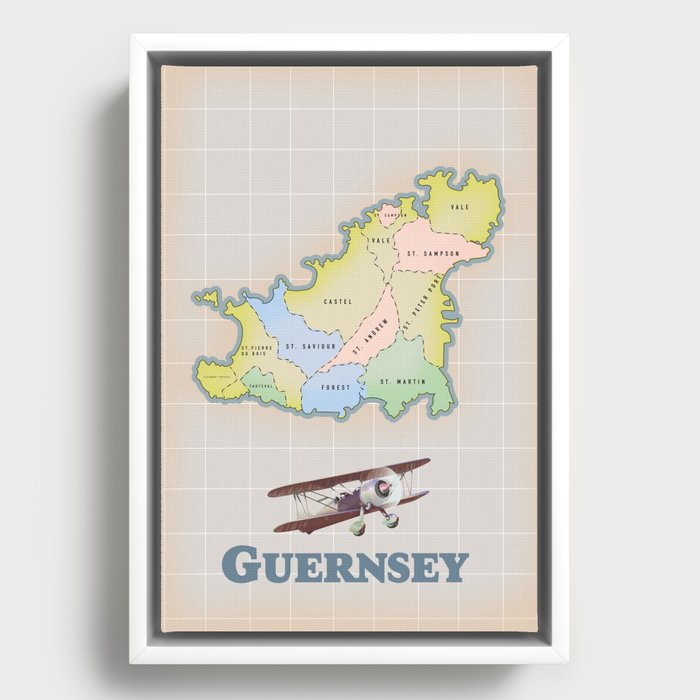 Guernsey Retro map Framed Canvas