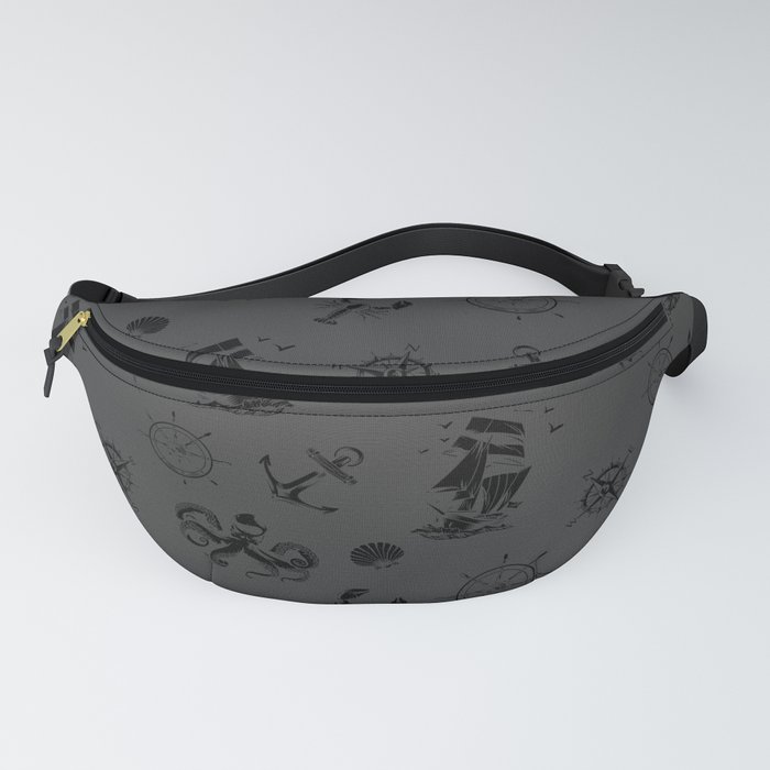 Dark Grey And Black Silhouettes Of Vintage Nautical Pattern Fanny Pack