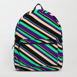 [ Thumbnail: Green, Indigo, Beige, and Black Colored Striped Pattern Backpack ]
