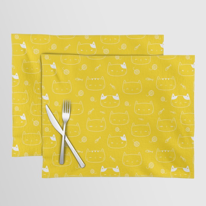 Yellow and White Doodle Kitten Faces Pattern Placemat
