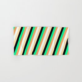 [ Thumbnail: Eye-catching Green, Brown, Mint Cream, Tan, and Black Colored Lines/Stripes Pattern Hand & Bath Towel ]