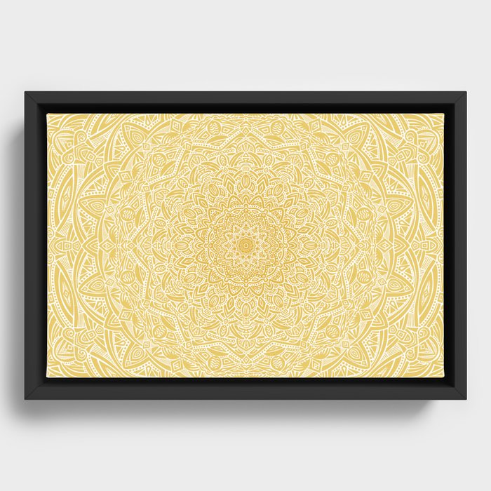 Most Detailed Mandala! Yellow Golden Color Intricate Detail Ethnic Mandalas Zentangle Maze Pattern Framed Canvas