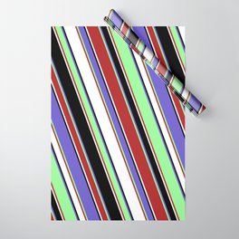 [ Thumbnail: Vibrant Green, Red, White, Black & Slate Blue Colored Lined Pattern Wrapping Paper ]