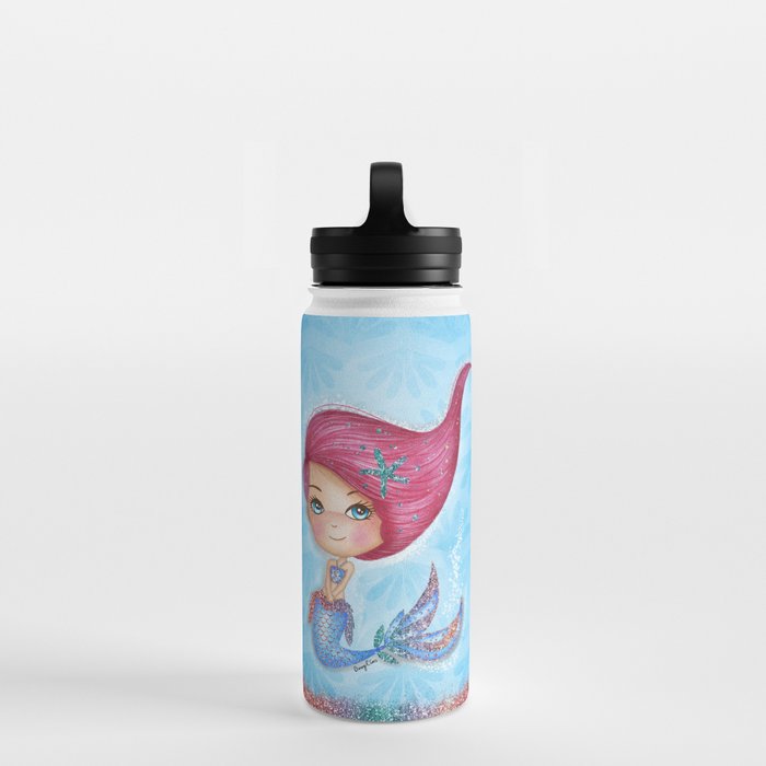 Little Mermaid Girl with Rainbow Glitter and Pink Hair Water Bottle by  nancyelias