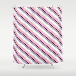 [ Thumbnail: Indigo, Dark Grey, Mint Cream, and Light Pink Colored Lines Pattern Shower Curtain ]