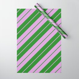 [ Thumbnail: Plum and Forest Green Colored Pattern of Stripes Wrapping Paper ]