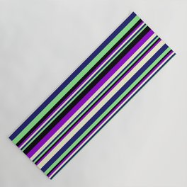 [ Thumbnail: Dark Violet, Light Yellow, Midnight Blue, Light Green, and Black Colored Lined/Striped Pattern Yoga Mat ]
