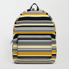 [ Thumbnail: Eyecatching Dim Grey, Goldenrod, Beige, Black & Grey Colored Pattern of Stripes Backpack ]