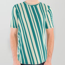 [ Thumbnail: Teal & Beige Colored Lined/Striped Pattern All Over Graphic Tee ]