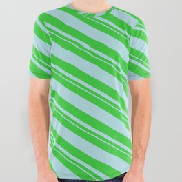 [ Thumbnail: Lime Green and Powder Blue Colored Pattern of Stripes All Over Graphic Tee ]