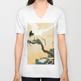 Crane and its chicks on a pine tree  - Vintage Japanese Woodblock Print Art V Neck T Shirt
