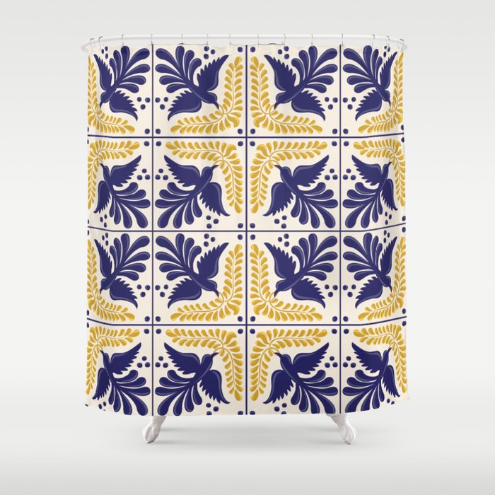 Mexican Talavera Pattern with Flying Blue Birds and Yellow Garlands by Akbaly Shower Curtain