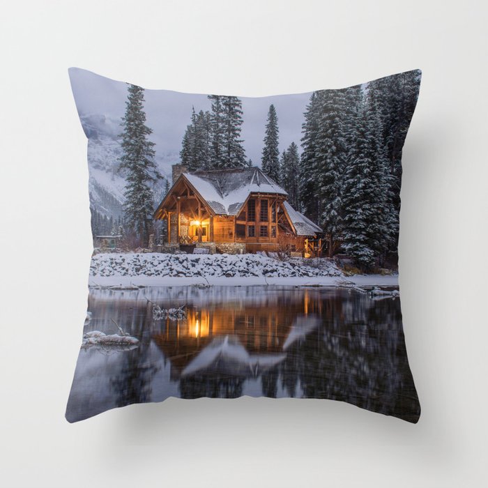 Cabin in Winter Woods (Color) Throw Pillow