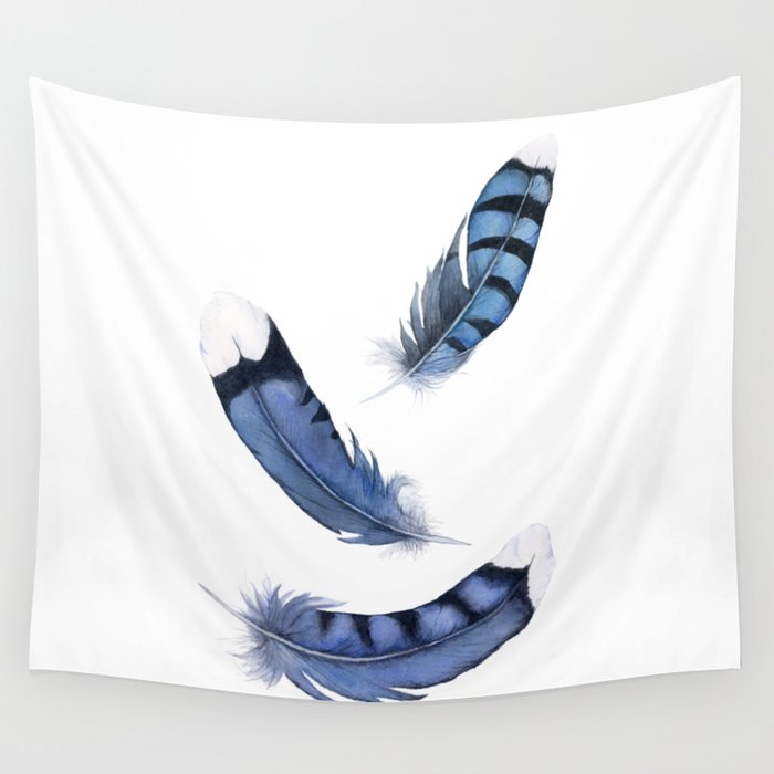 Falling Feather, Blue Jay Feather, Blue Feather watercolor painting by Suisai Genki Wall Tapestry