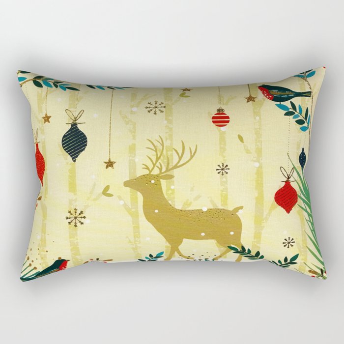 Gold Forest Winter Reindeer Birds Rectangular Pillow