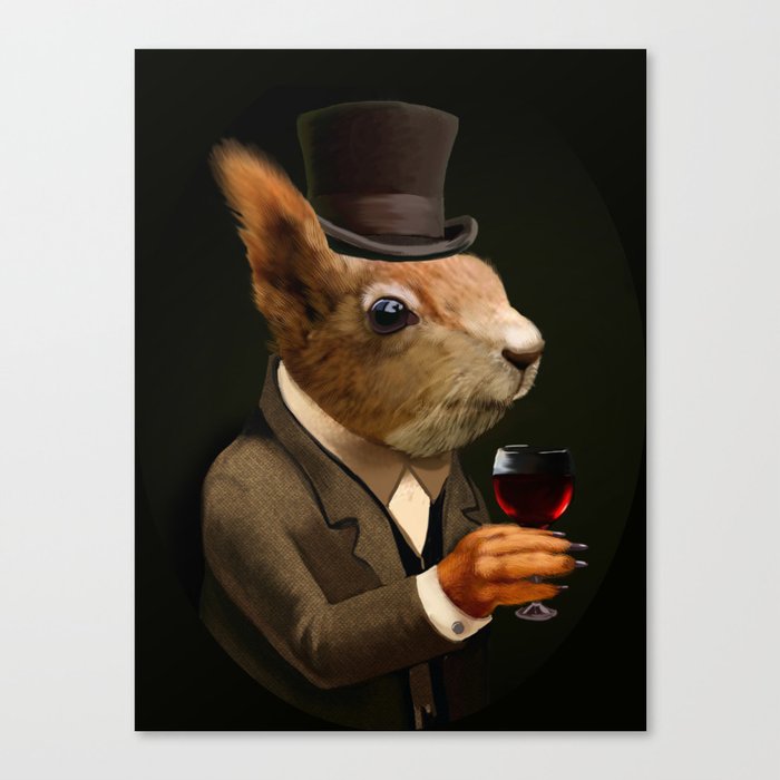 Sophisticated Pet -- Squirrel in Top Hat with glass of wine Canvas Print
