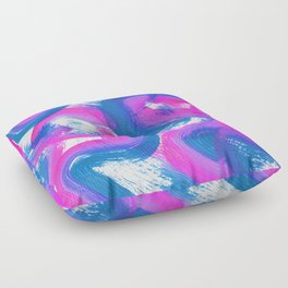 Wavy Lines and Squiggles Abstract Painting - Neon Blue, Magenta and Teal Floor Pillow