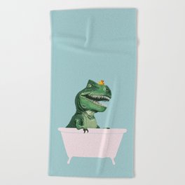 Playful T-Rex in Bathtub in Green Beach Towel