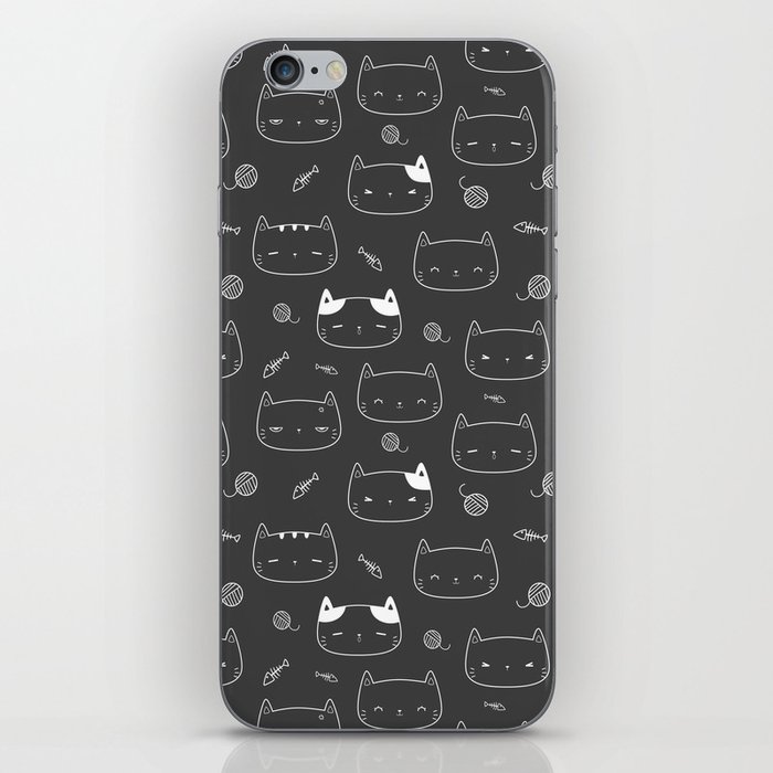 Dark Grey and White Doodle Kitten Faces Pattern iPhone Skin