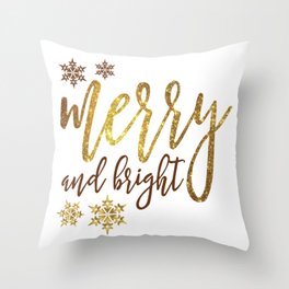 Merry And Bright Golden Glitter Christmas Snowflakes Throw Pillow