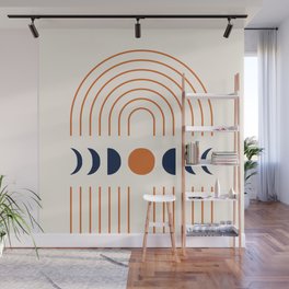 Geometric Lines and Shapes 1 in Navy Blue Orange (Rainbow and Moon Phases Abstract) Wall Mural