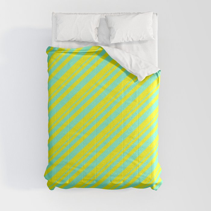 Aquamarine and Yellow Colored Lined/Striped Pattern Comforter