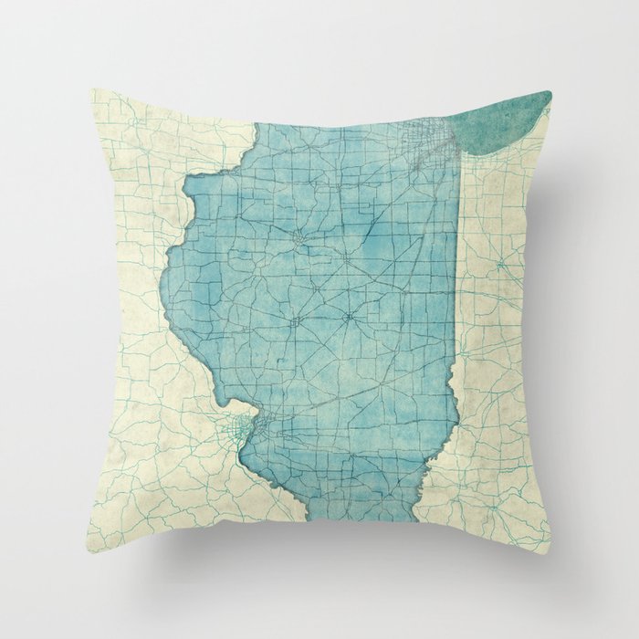 Illinois State Map Blue Vintage Throw Pillow
